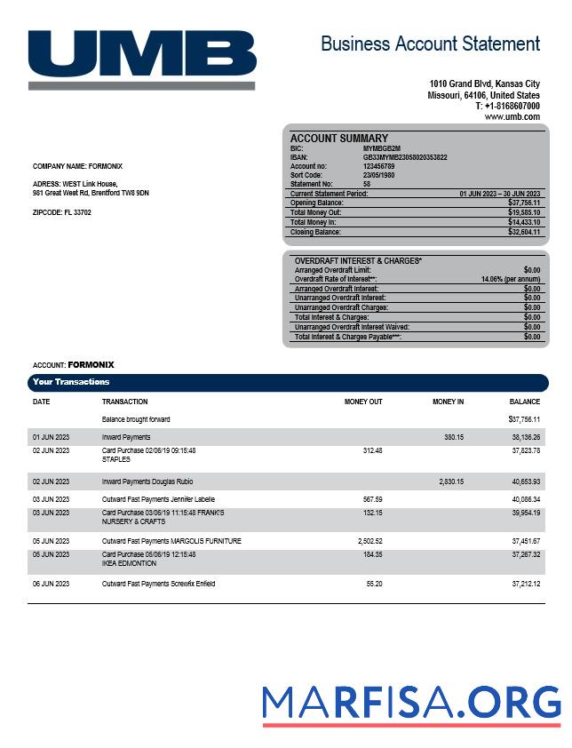 Blank UMB Bank enterprise account statement Word and PDF template